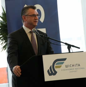 Spirit AeroSystems CEO Larry Lawson seemed as thrilled with the terminal as the rest of us. Spirit stepped up big time as presenting sponsor of the dedication gala and other events celebrating the about-to-open terminal.