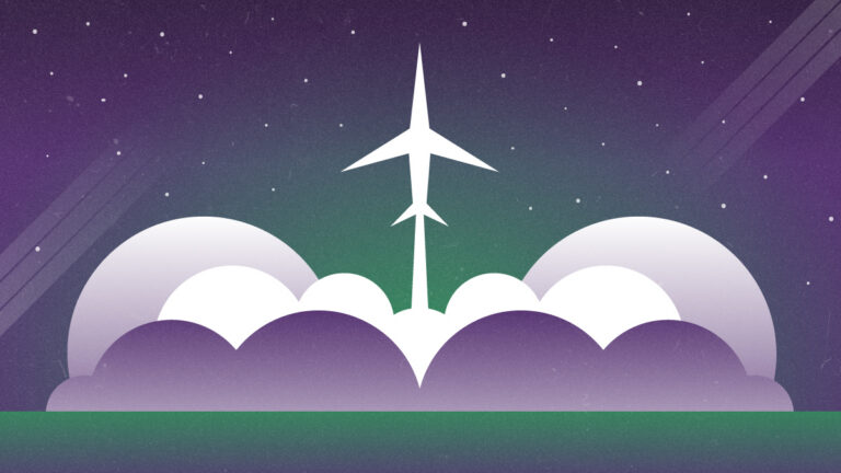 An airplane launches into a starry sky